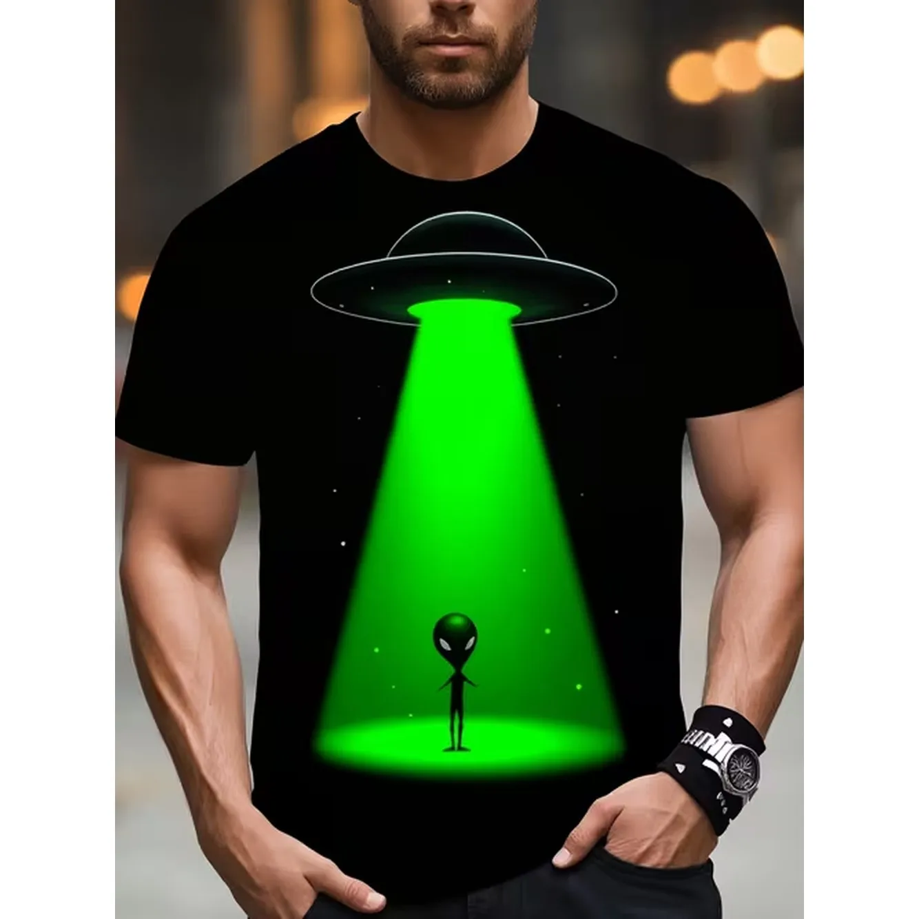 Mens 3D Print Tshirt Green Ufo Design Round Neck Short Sleeve Slightly Elastic Novelty Shirt For Casual Wear Themed Parties4Retro Casual Short Sleeved T Shirt With A Round Neck And Printed Pattern