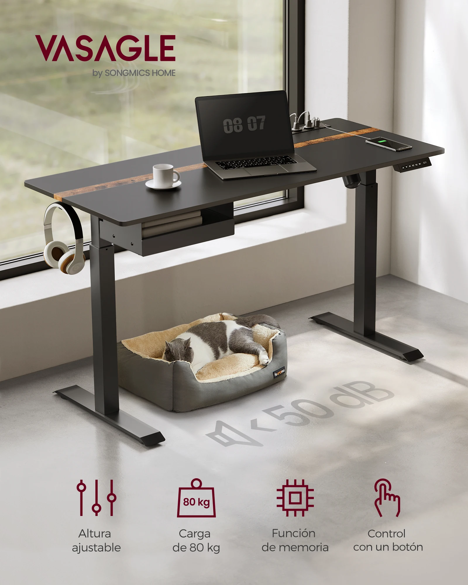 VASAGLE Height Adjustable Desk: 60 x 140 cm Worktop, Socket, Drawer. Continuous Adjustment, 4 Height Memory Functions.
