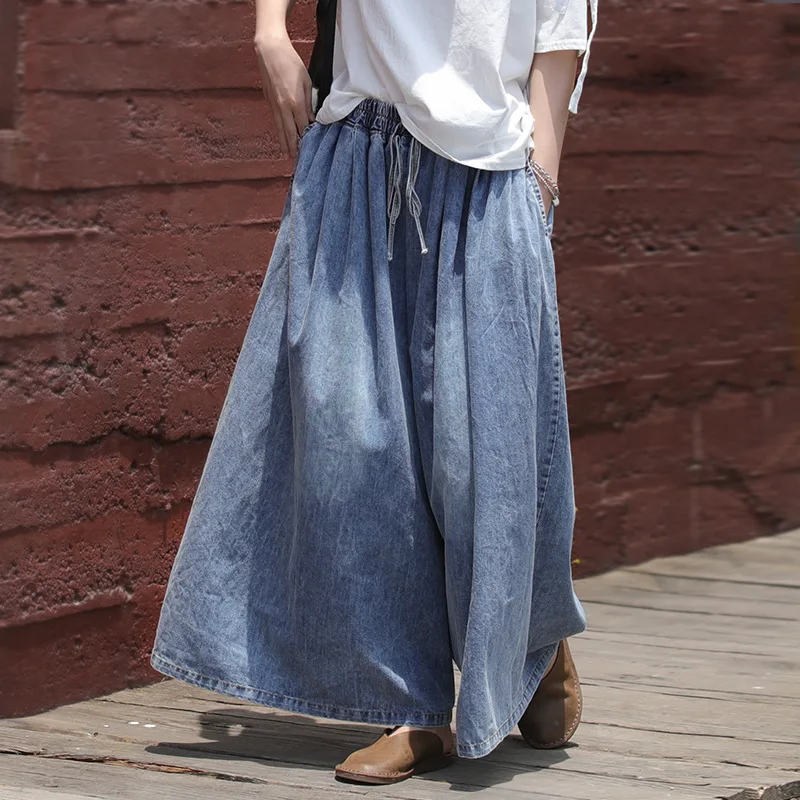 

Vintage Washed Distressed Women Jeans Elastic Waist Lace-up Literary Loose Pants Versatile Simple Female Trousers JJ123