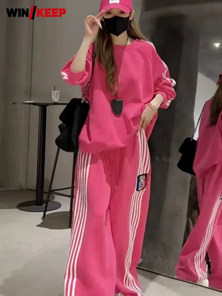 Women Autumn Winter Sportswear Comfortable Loose Fit Hip Hop Pullover Top Drawstring Wide Leg Pants Female Running Two Piece Set