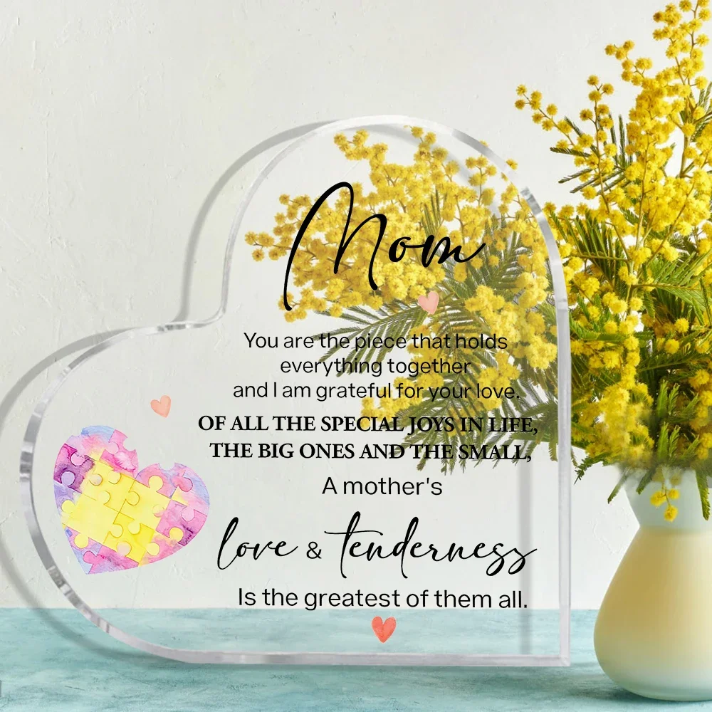 Mother's Love & Tenderness Heart Shaped Acrylic Sign Thank You Mom Present,Heart Acrylic Plaque Mom Gift Watercolor Puzzle Heart Mother's Day Desktop Ornament