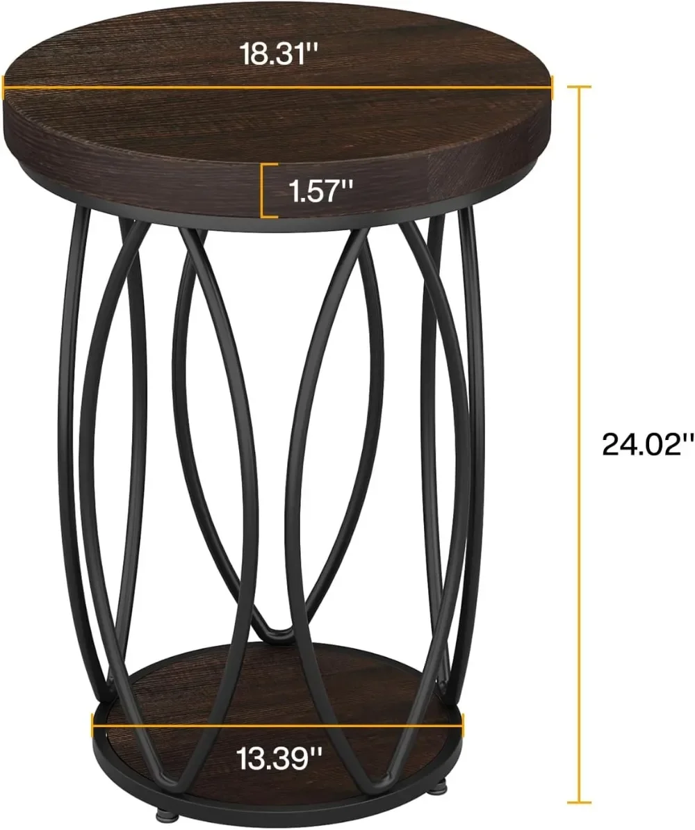 Round Side Table, Small End Table with Storage Shelf, Metal Frame for Living Room, Bedroom (1)