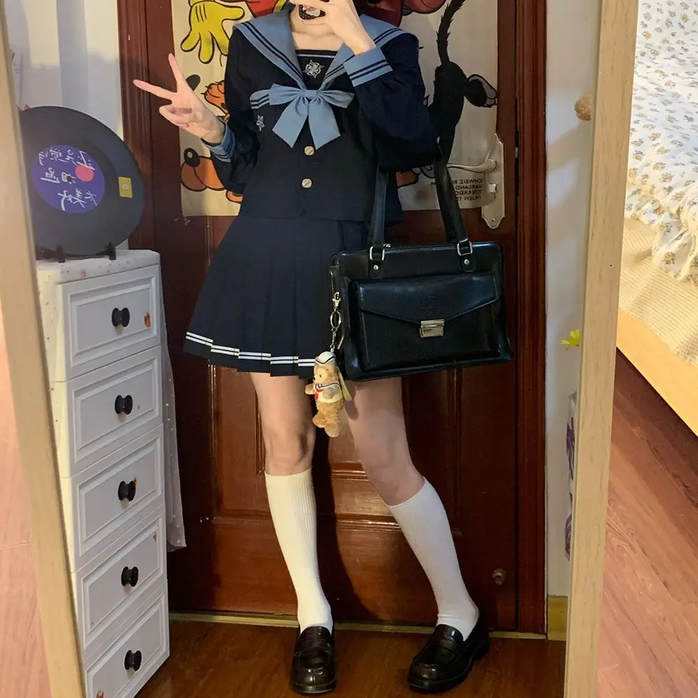 Student Union JK Uniform Sailor Suit Blue Skirt Long Sleeve Navy Collar Bow Tie Two Colors Two-piece Set Vitality Kawaii