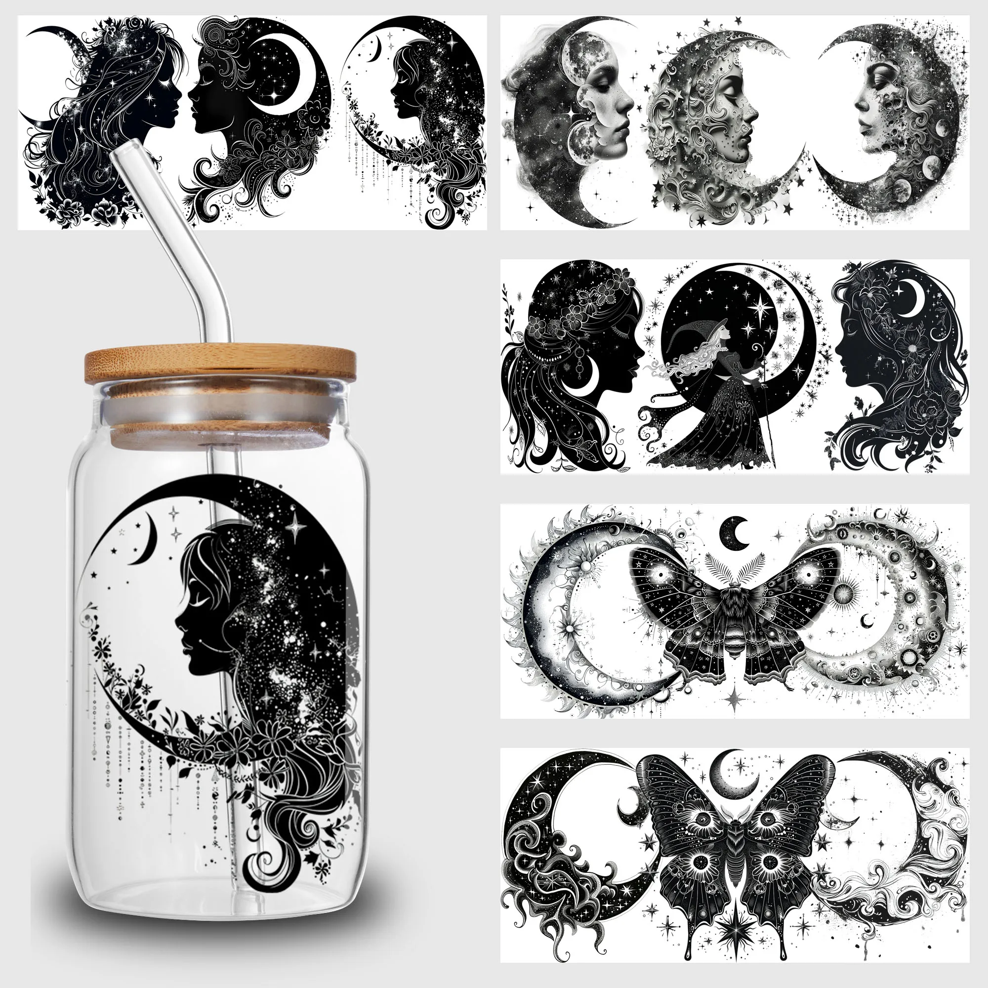 5 sheet Moon Witch UV DTF Cup Stickers, DTF Transfer Stickers, Waterproof Wipe-Off Transfer Paper for 16oz Glass, Mug, Crafts