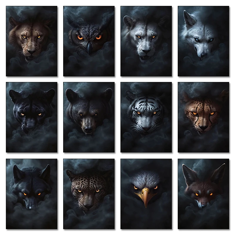 1pcs(No frame) Retro Abstract Advanced Depressing Animals in Black Smoke Poster Canvas Painting Prints Art Pictures Home Room Wa