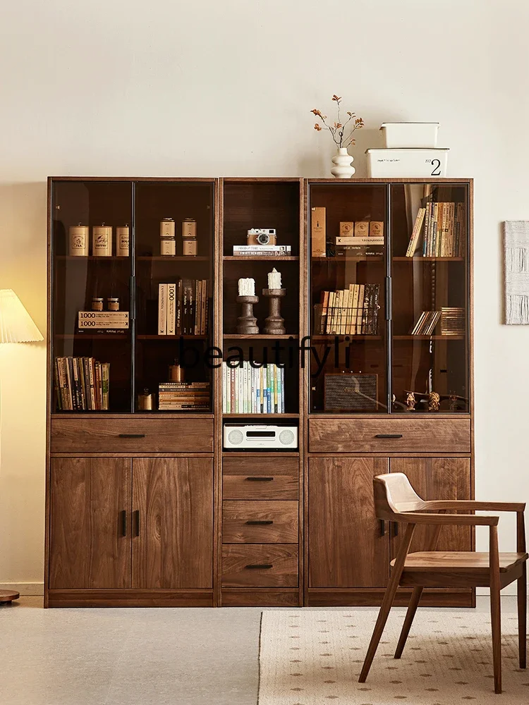 

North American black walnut bookcase combination Nordic simple solid wood floor-to-ceiling bookshelf locker6239