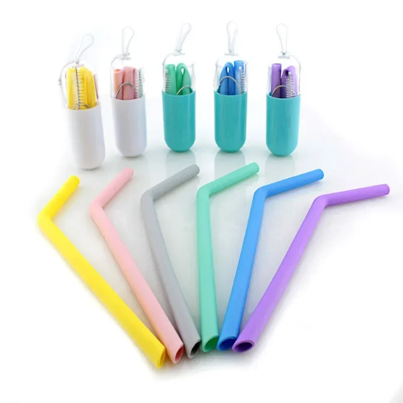 Silicone straw food gradeSet Extra Long Flexible StrawStraight tube color Accessories Foldable beverage milk tea juice straw set