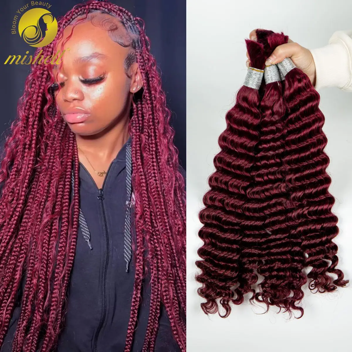 

Burgundy 26 28 inch Deep Wave Bulk Human Hair for Braiding Curly Human Hair No Weft for Boho Braids 10A Virgin Hair Extension