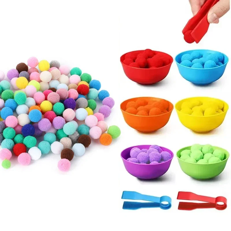 Children Classification Cups Counting and Sorting Toys Set Rainbow Colors Plastic Bowls Tweezers Fine Motor Skill Learning Toys