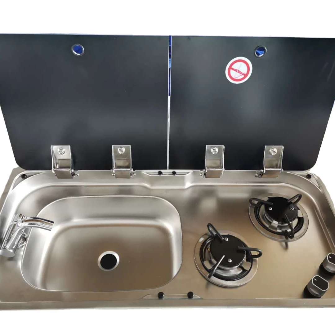 Guangrun Silver Stainless Steel Two Burner Gas Hob Sink Combination Unit Outdoor Camping Travel Trailer Use 2x1.8KW Power 30KG
