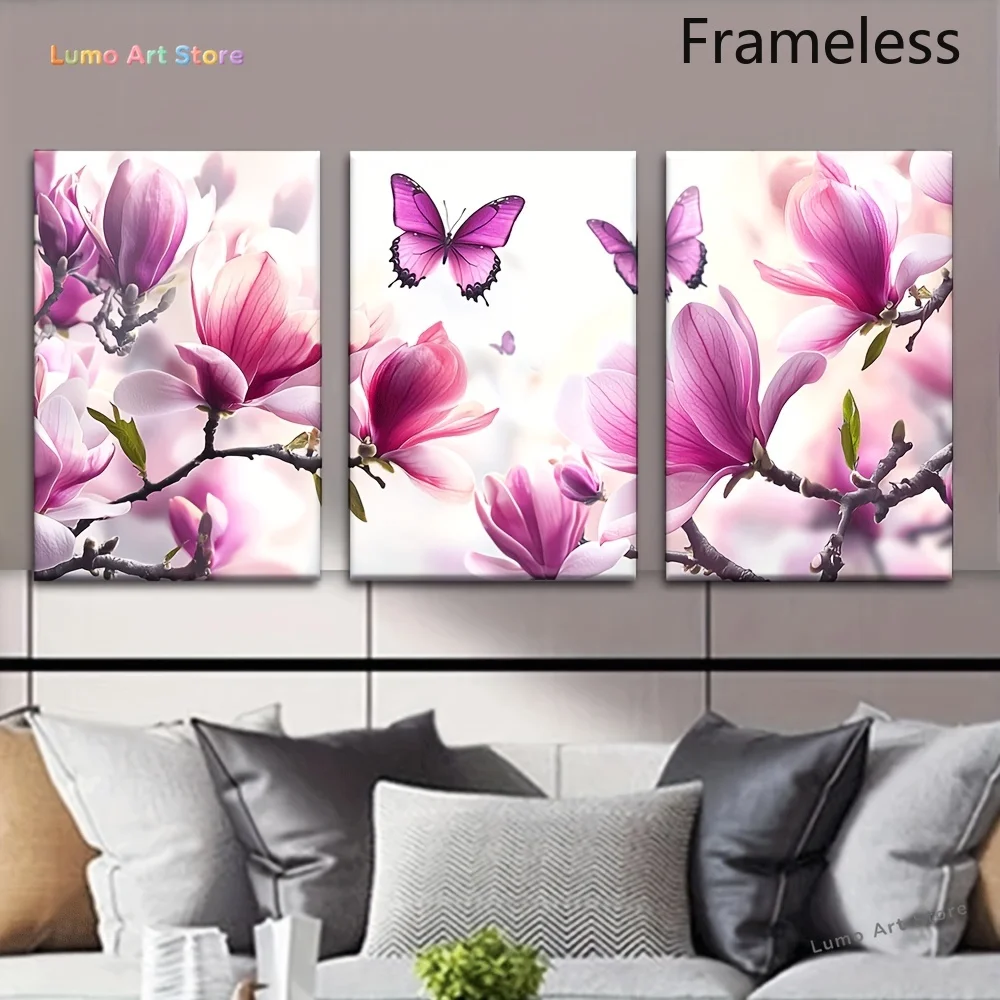 2D Flat, 2D 3pcs/ Set, Canvas Painting--Unframed, Modern Orchid Poster with Purple Flowers And Butterflies, Artist Drawing Se