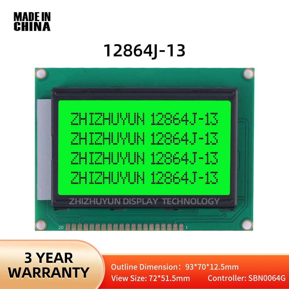 Tela LCD e módulo de texto, verde esmeralda luz caracteres pretos, fornecimento estável de bens, LCM, 128*64mm, 12864J-13