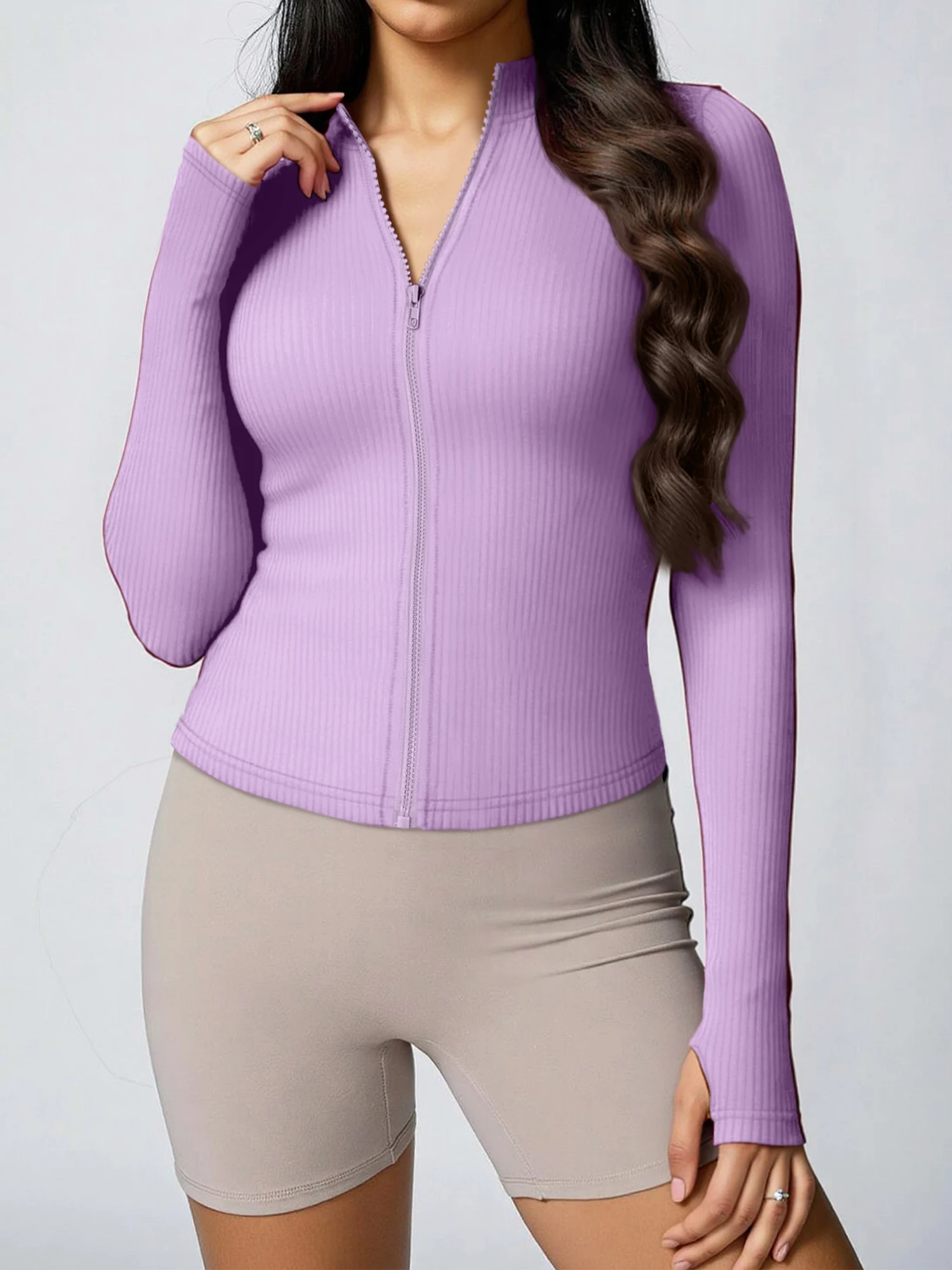 Women Solid Ribbed Long Sleeve Zip Jacket Cropped Stand Collar Thumb Hole Slim Fit Daily Commuter Outer Top