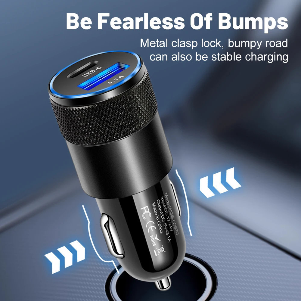 3.1A USB Car Charger Type C Fast Charging Phone Adapter For Xiaomi Huawei PD Phone Charger Adapter Socket Cigarette Lighter