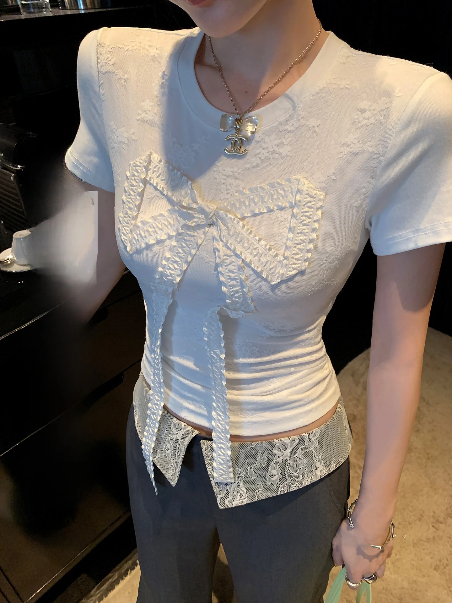 

LIONE Grey Lace Knot Slim Fit Short Sleeve Casual Pants Set Women's Fashion Spring Summer Outfit Two-Piece Suit