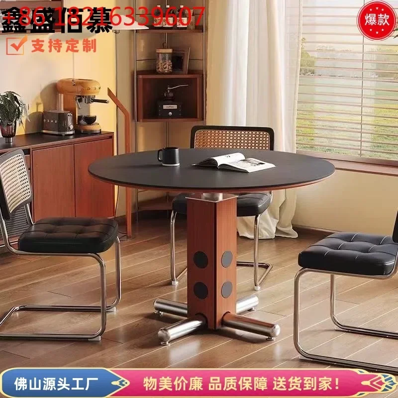 Middle round solid wood slate household small apartment high-end stainless steel round table Bauhaus Nordic