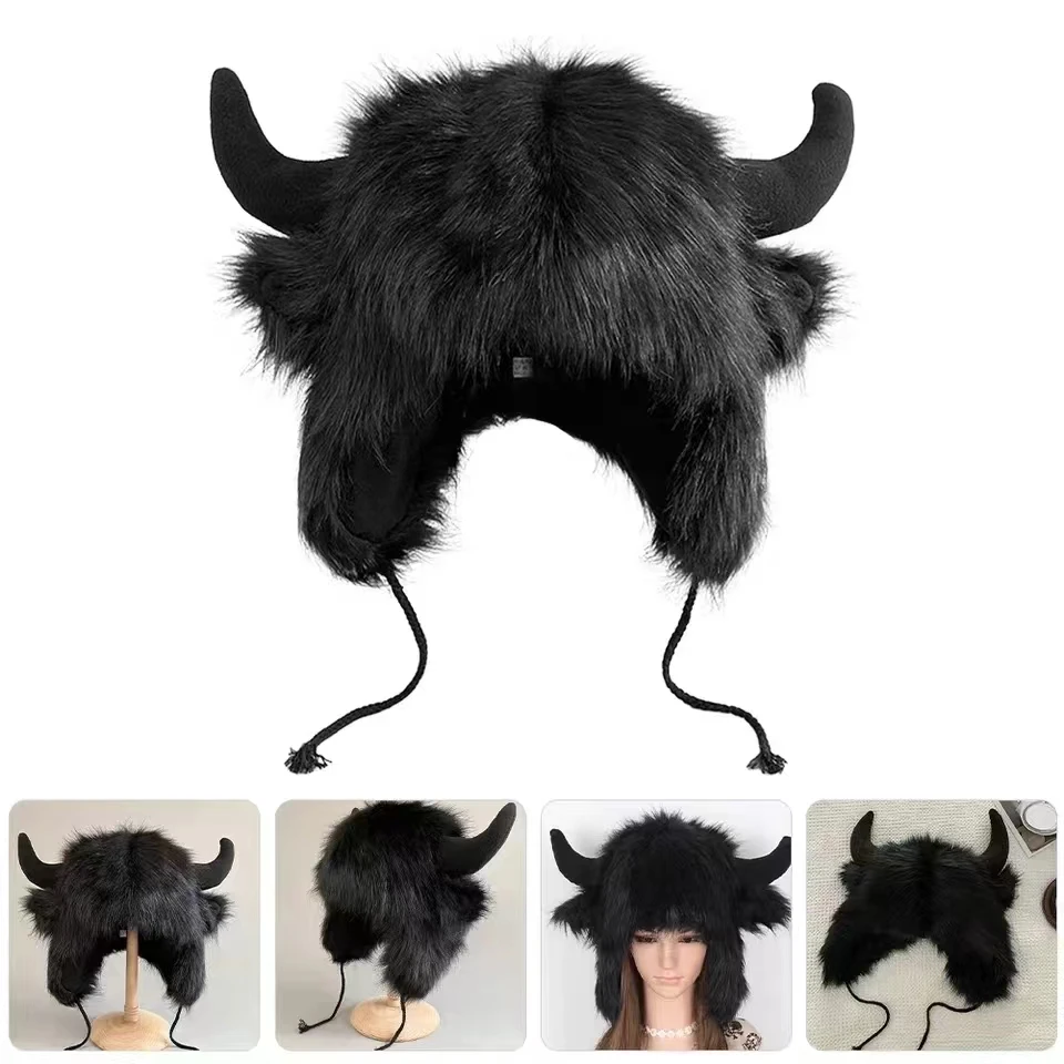 

Big black cow fur thunderbolt hat winter warm ear protection personality windproof cold riding electric car cotton hat