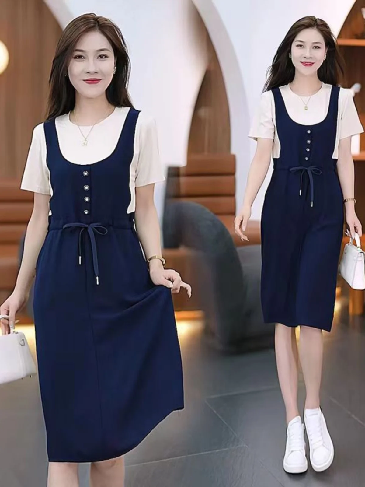 

Fashionable Splice Midi Dress Women's Summer New Style Age-Defying Large Size Casual Skirt Short Sleeve Backless Gown
