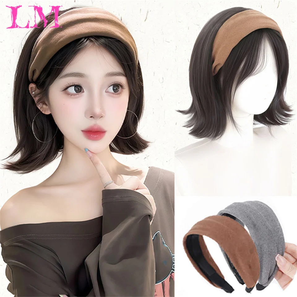 

LM Синтетический парик с повязкой на голову, прямой парик с быстрой оберткой, короткие парики боб для чернокожих женщин, термостойкие синтетические парики