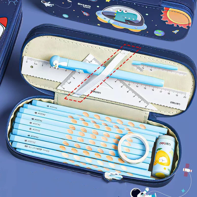 CHEN LIN New Blue Spaceship Boys Pencil Cases Double Layer Stationery Box 3D Space Dinosaur Pen Case for Kids School Supplies