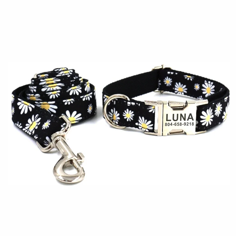 Personalized Pet Collar Custom Puppy Nameplate ID Tag Adjustable Buckle Strong Black Daisy Flower Basic Collars Lead Leash