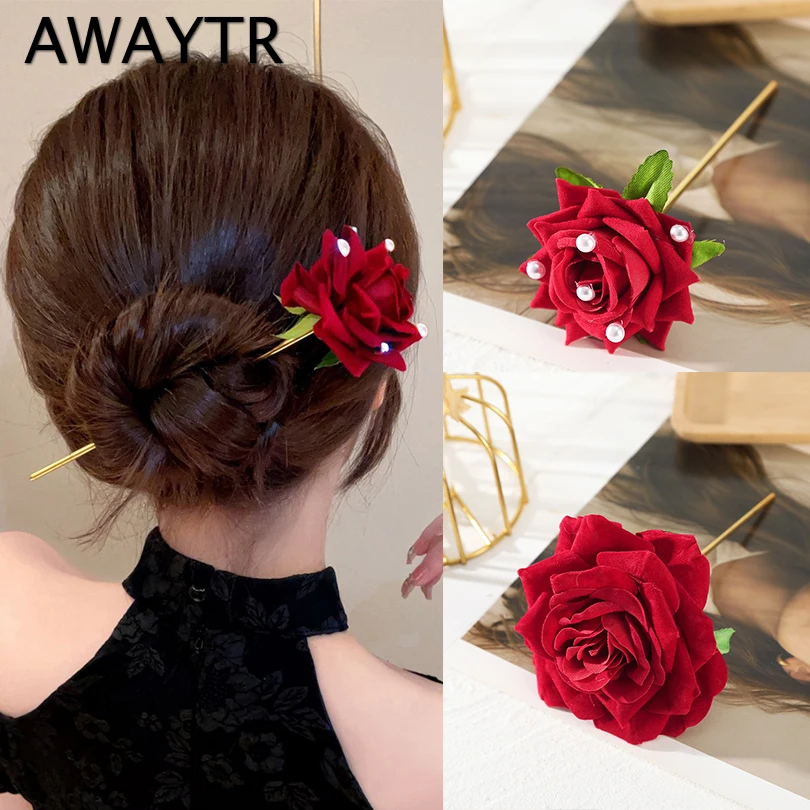 AWAYTR Red Rose Hair Sticks Hairwear for Women Simple Flower Wedding Hairpins Bridal Hair Accessories Disk Hairsticks Headdress