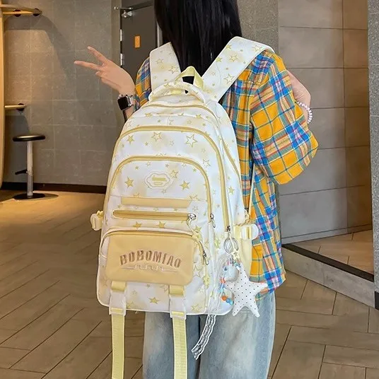 Embroidered Letter Double Shoulder Bag for Students Traveling Outings Multi-Layer Practical Backpack Children's School Bag