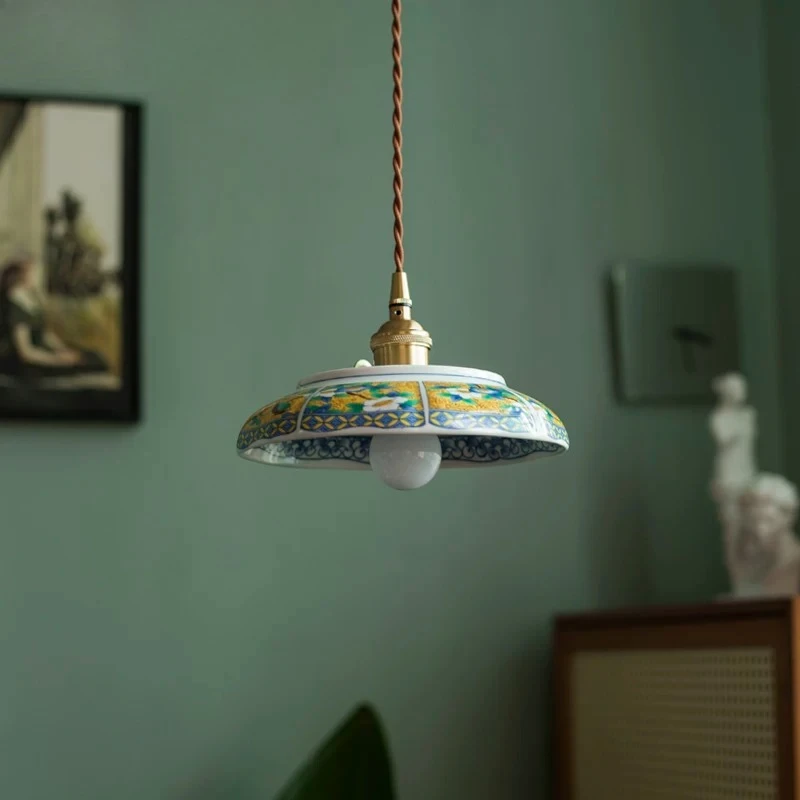 

Chinese Retro Ceramic Tea Room Pendant Light LED Homestay Bedroom Bedside Restaurant Bar Counter Medieval Nostalgia Hanging Lamp