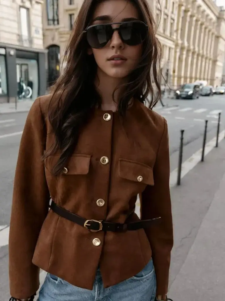 

New Vintage Suede Jackets Coats For Women Chic O-Neck Long Sleeve Fashion Belts Outwear 2025 Autumn Street Lady Slim Coats Tops