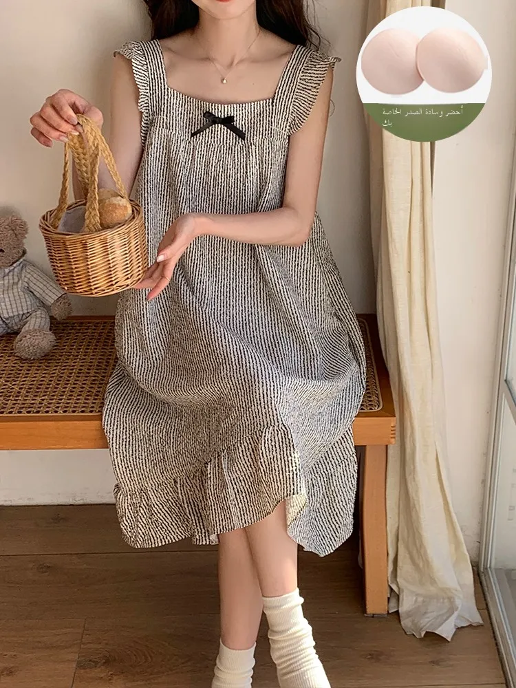 

Women's One-Piece Spwear Thin Summer Stripe Pattern Built-In-Pad Anti-Bue Cotton Nightgown Sweet Sle Knot
