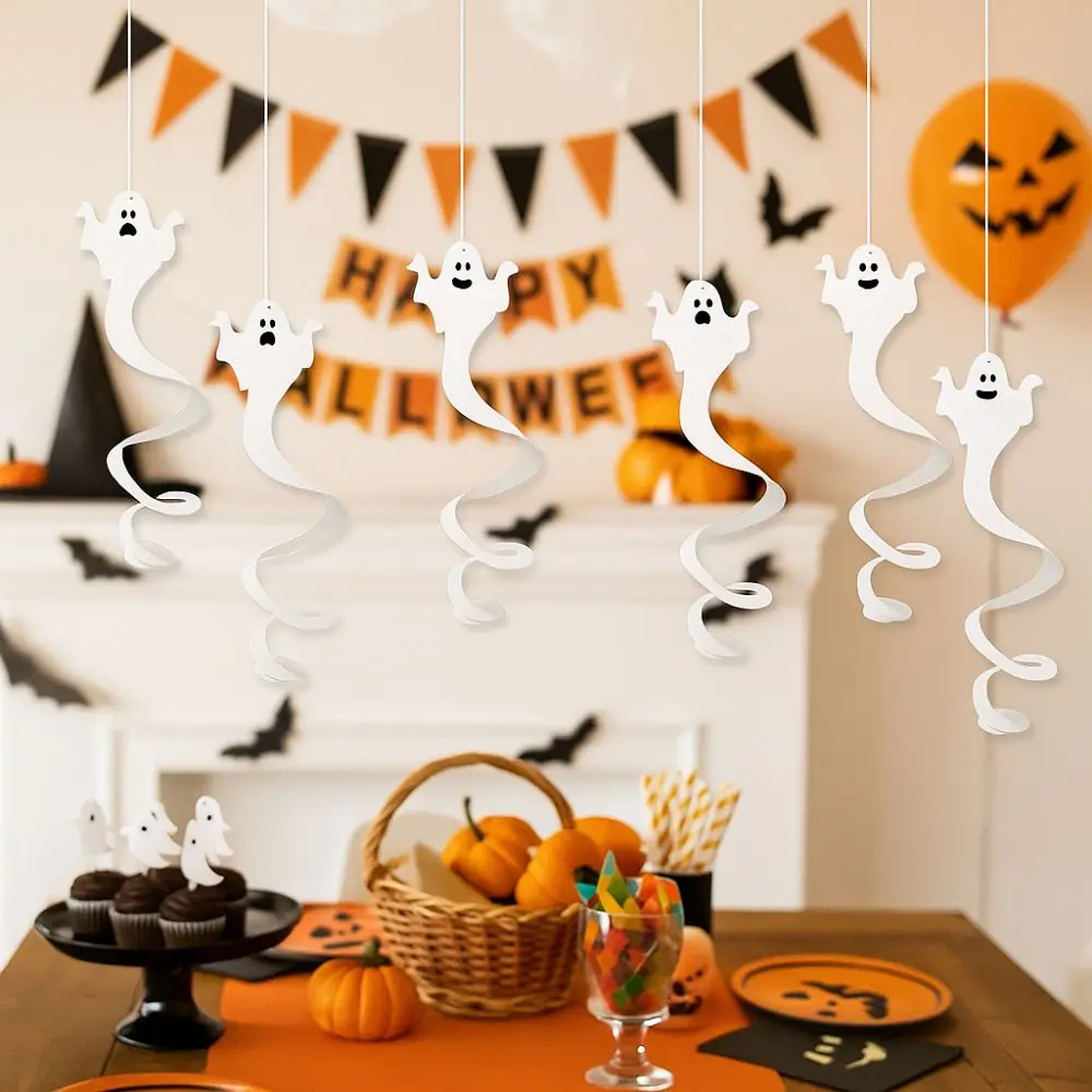 

8pcs Funny White Halloween Ghost Pendant Paper DIY Ghost Ceiling Decoration Spooky Halloween Spiral Banner Home Decoration