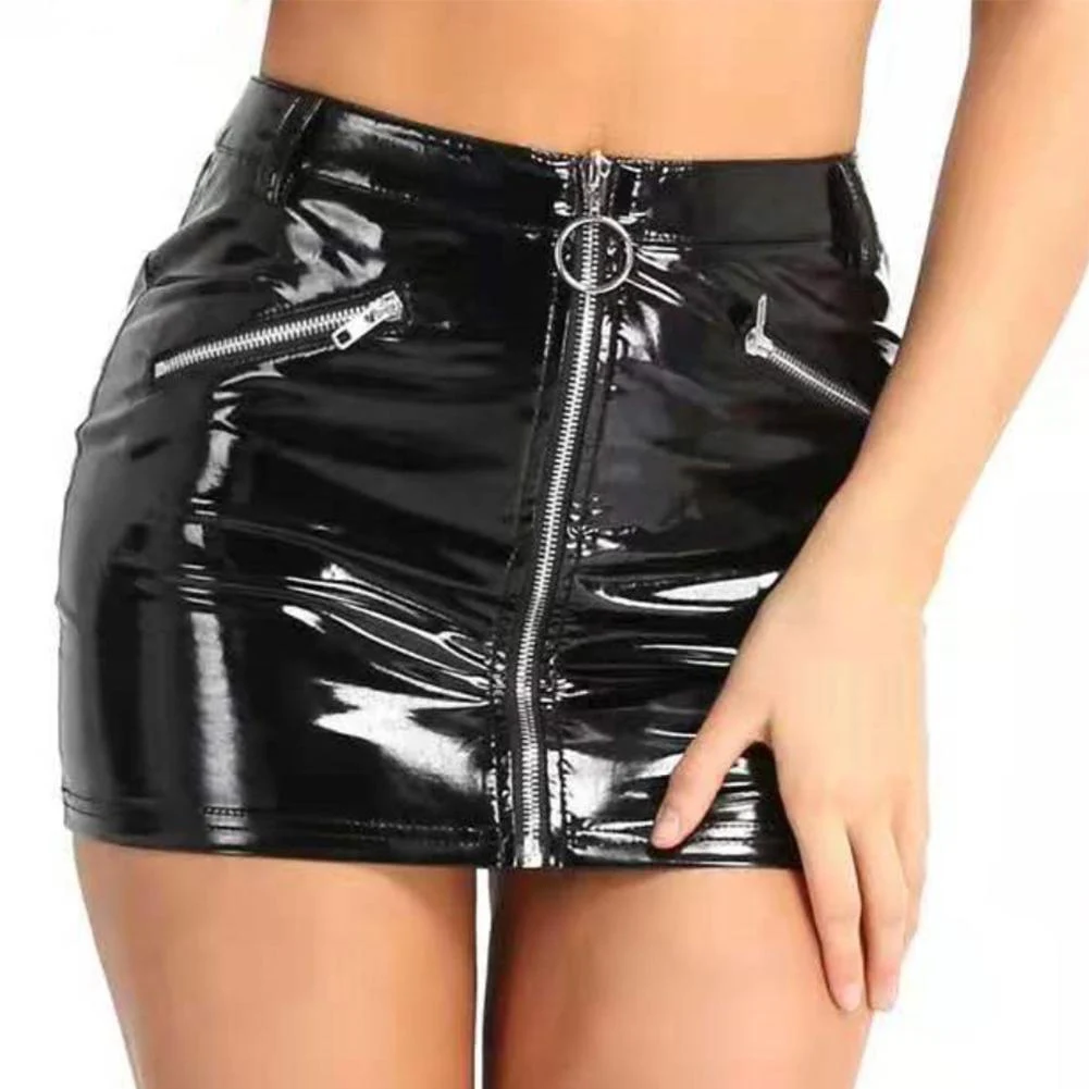 Slimming Fit Women Glossy Faux Leather Night Party Hip Wrap Skirt Summer Zip Up Short Skirts Sexy Clubwear Female