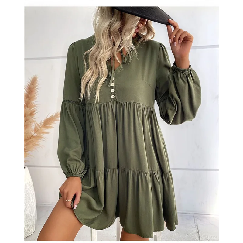 NEW-Long Sleeve Short Dresses For Women V Neck Fall Casual Loose Fit Flowy Swing Tiered Vacation Boho Dress