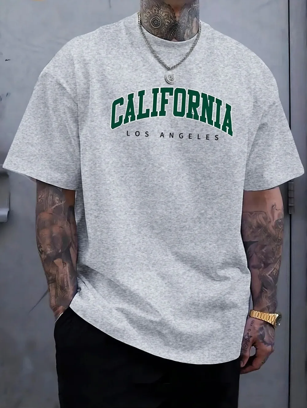 American men's summer Los Angeles California letter print micro elastic breathable round neck T-shirt outdoor casual top