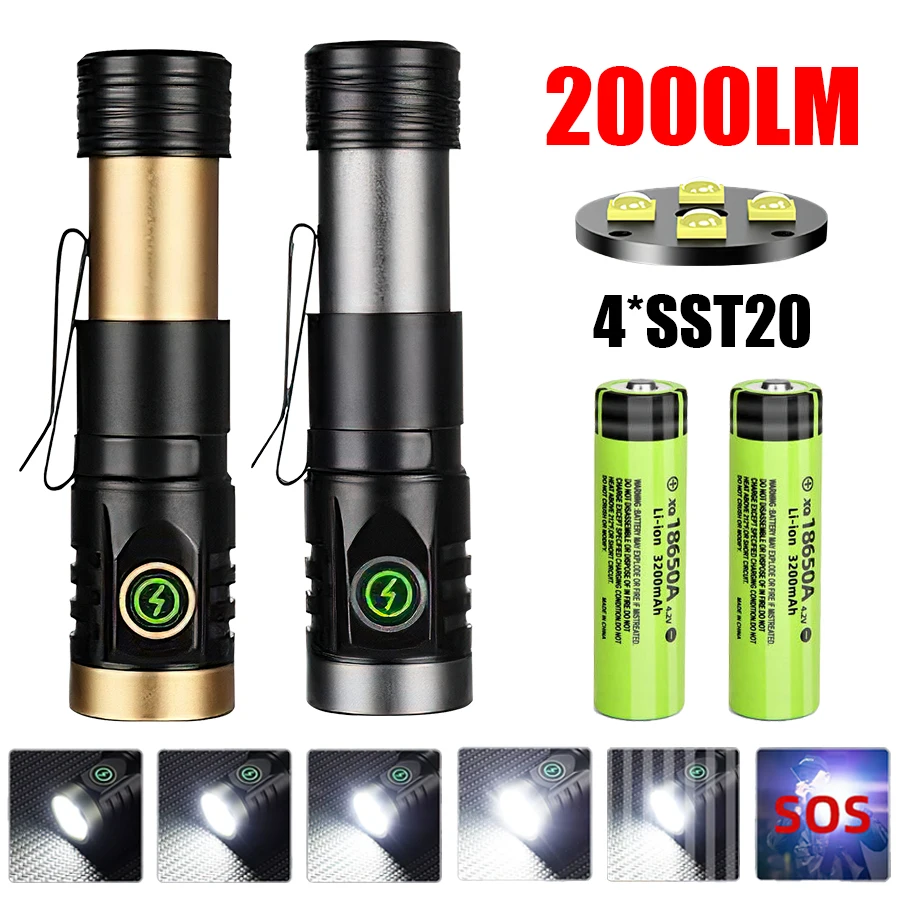 

New High Power LED Flashlight Super Bright 2000LM Portable Tactical Torch Type-C Rechargeable with Tail Magnet Hunting Lamp