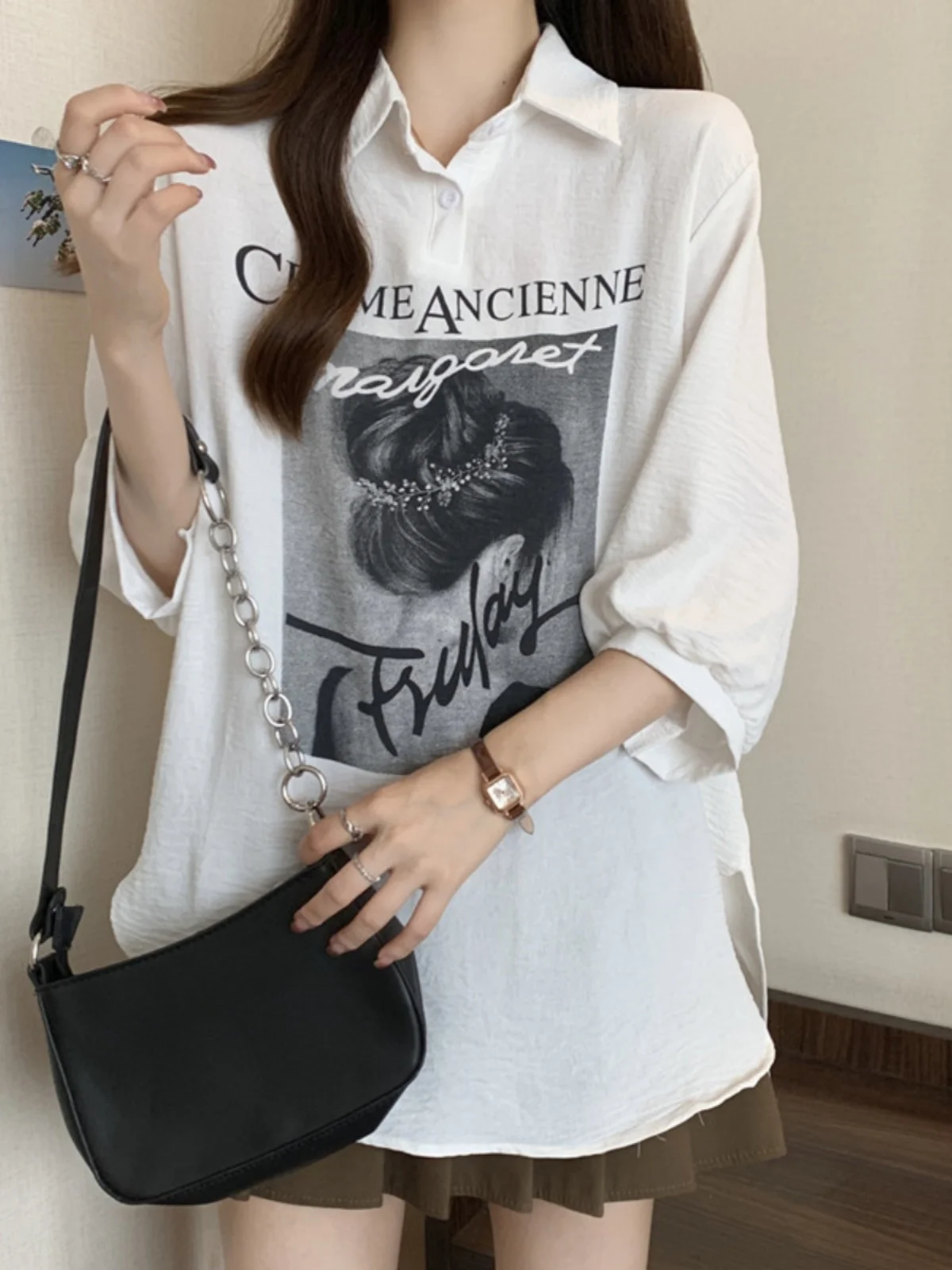 Taglie forti Stampa estiva irt Vestibilità ampia Colletto Five Sve Casual Top Perdita di peso Rafforzamento della pelle Coreano Sle Pendolarismo