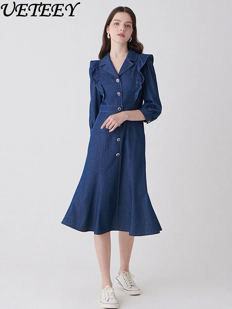 Fashion High Sense Stringy Selvedge Short Sleeve Denim Dress Spring New Temperament Waist-Controlled Slimming Long Dresses