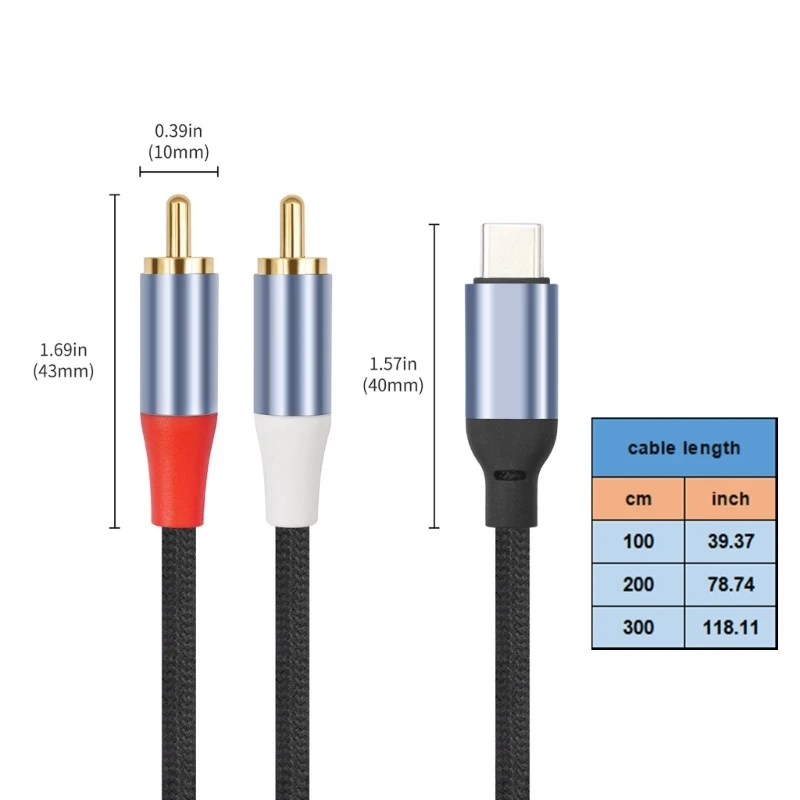 Portable USB C to 2RCA Male Sound Cable 24Bit/96Khz for Speakers Amplifiers 83CF