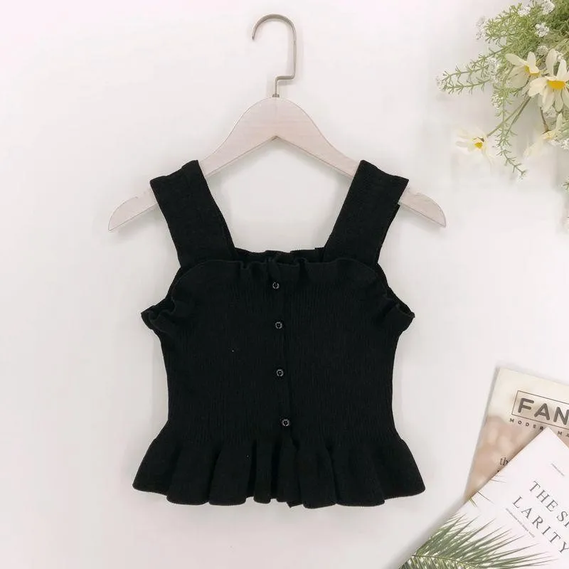 Girls T-shirts Ruffled Suspender Vest Summer New Outerwear Innerwear High-end Knitted Doll Shirt Sleeveless Top