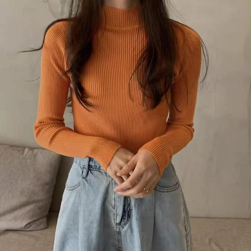 Women Knitted Base Layer Autumn Basic Bottoming Sweater Top Women Long Sleeve Mock Neck Ribbed Knitted Shirt Stretch Pullover