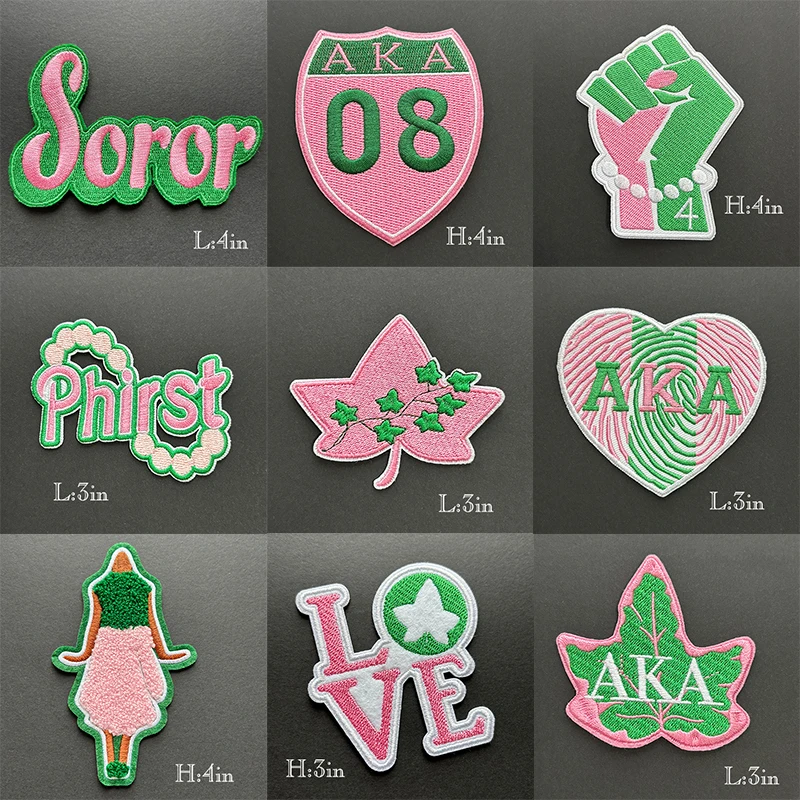Small Size Pink & Green AKA 1908 Sorority Patch, Pretty Girl Soror Ivy Leaf  SkeeWee Embroidered Iron on Patch for Jacket