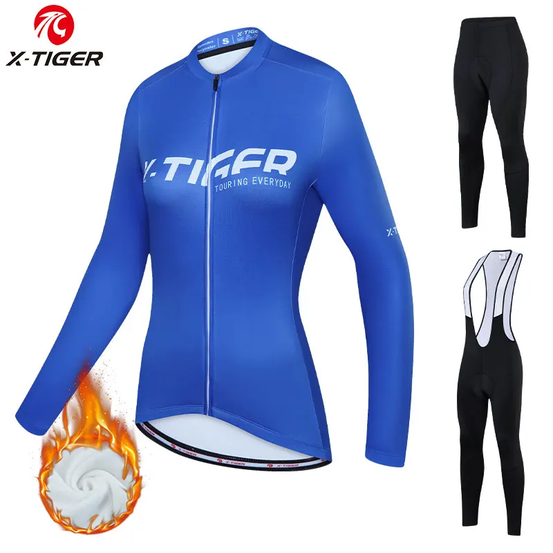 

X-TIGER Women Cycling Jersey Set Winter Thermal Cycling Set Long Sleeve Bicycle Clothing Bike Sportswear Racing MTB Cycling Suit