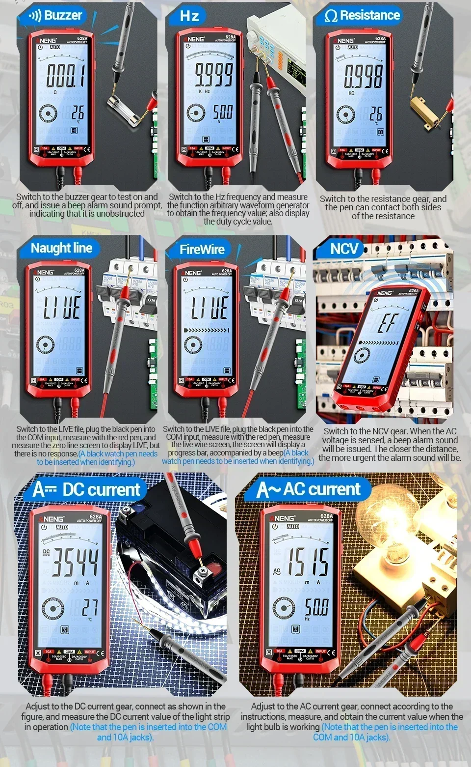 Automatic Multimeter for Measuring AC/DC Voltage Current and Temperature NCV Non-Contact Electrical Testing Model ANENG 628A