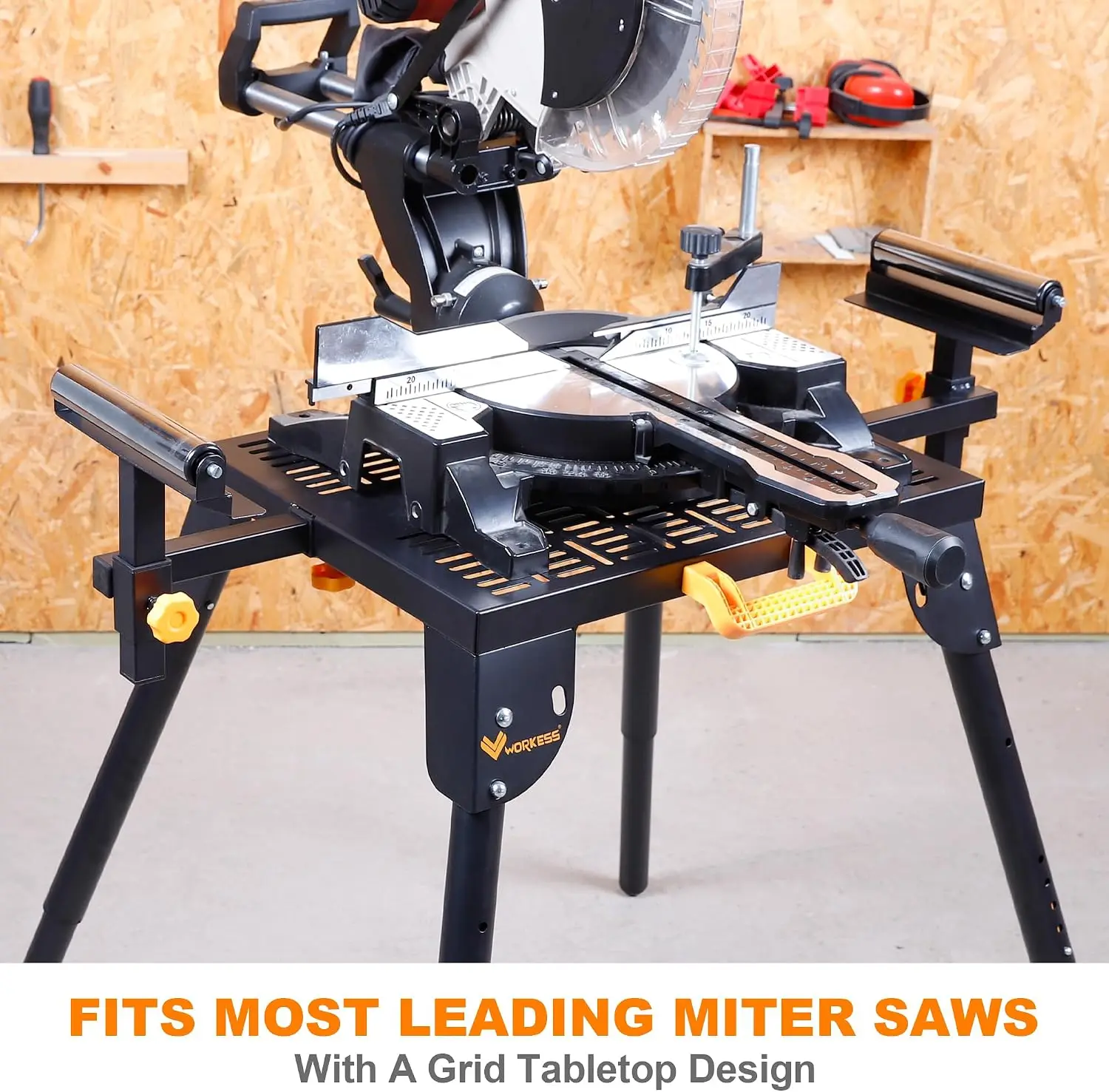 Miter Saw Stand Grid Tabletop 300 Lbs Load Capacity 6 Level Height Adjustment Table Saw Stand