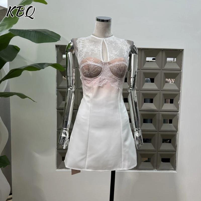 

KBQ Elegant Chic Spliced Lace Slimming Dresses For Women Round Neck Sleeveless Gradient Temperament Dress Female Fashion Style