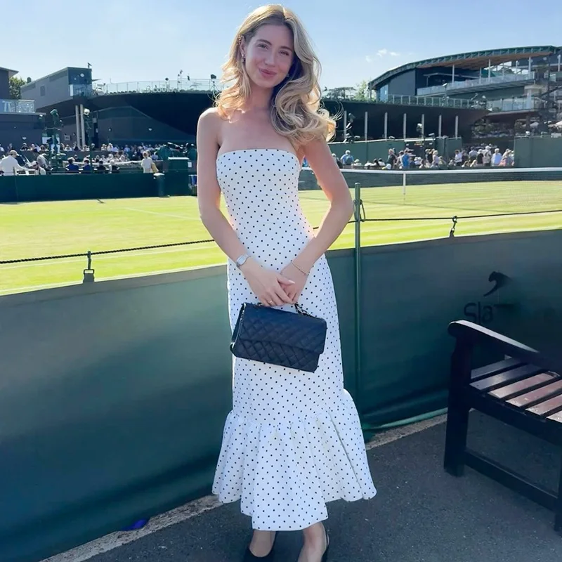

Talenza White Polka Dot Long Dress Sexy Strapless Off-Shoulder Printed Ruffled Dress Summer New Retro Women Party Evening Dress