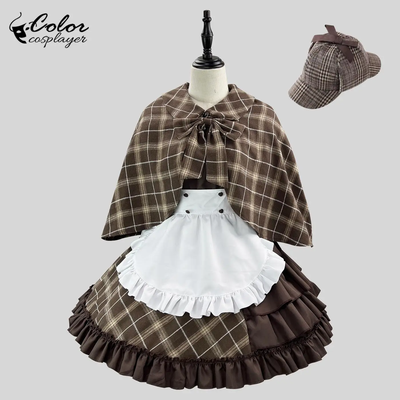 Color Cosplayer Detective Suit Anime Cosplay Costume Maid Dress Lolita with Apron Brown Lolita Women Dress Short Sleeved Outfit