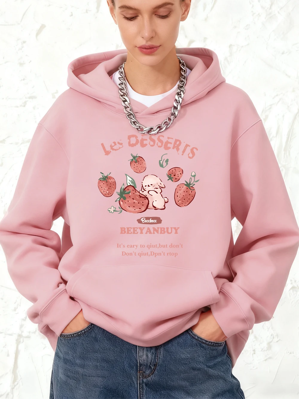 لطيف الفراولة والأرنب الطباعة هوديس القطن المرأة رياضي فضفاض البلوز الشتاء الصوف بلوزات الركض جيب الملابس #2