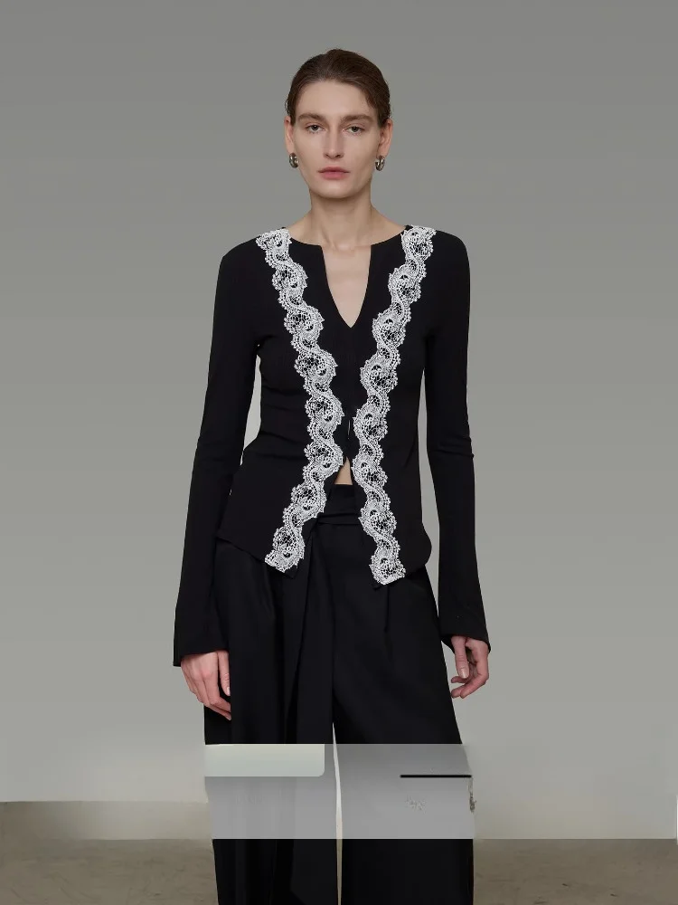 

Original Design Lace Patchwork V-ne Knitted Sweater Women's Slimming Base irt Spring Faion New Arrival Simple Sle Lon...