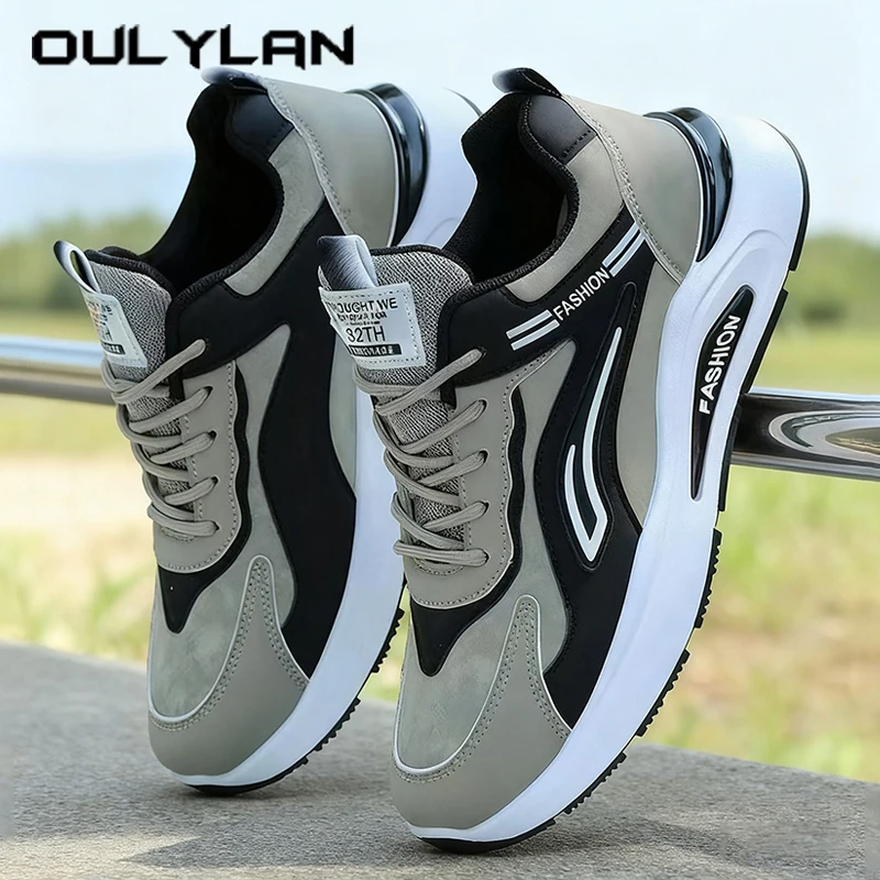

Oulylan Male Casual Leather Sneakers Outdoor Comfortable Non-skid Running Footwear Fashion Versatile Color Blocking Sport Shoes
